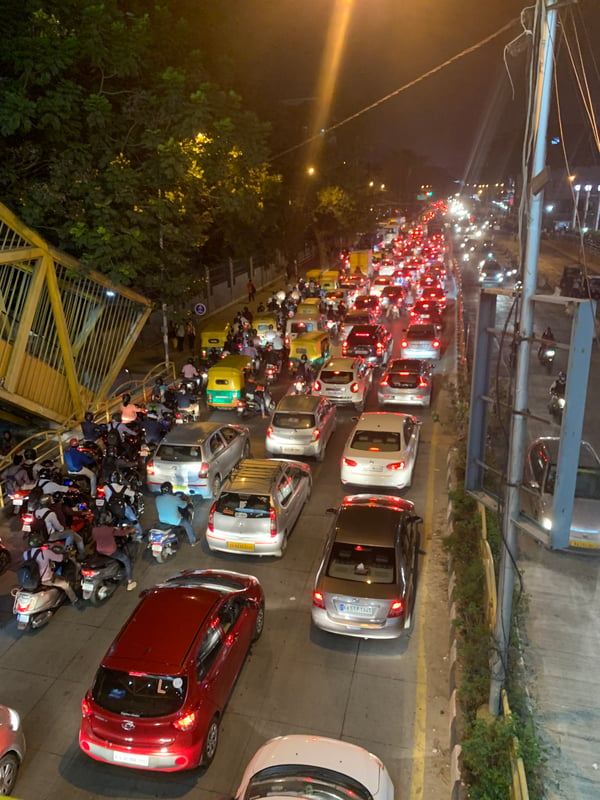 Image shows a traffic congestion at night
