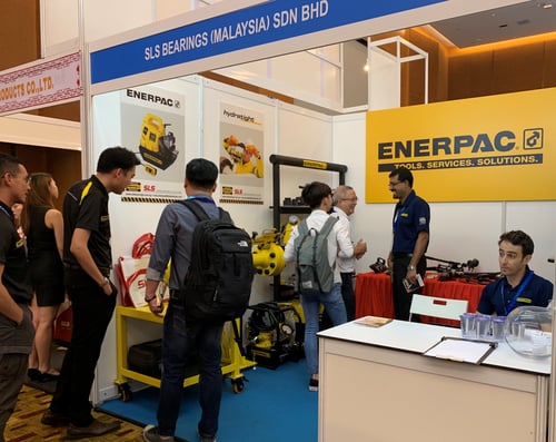 Image shows the SLS Bearings Malaysia Sdn Bhd booth for Enerpac products