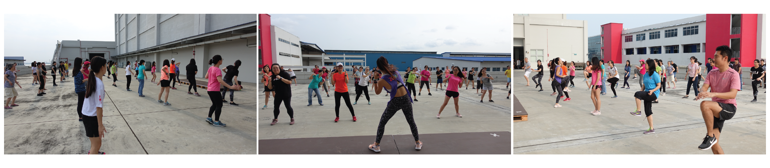 Image shows a collage of three photos featuring SLS employees participating in Zumba with an instructor