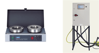 Image shows a hot plate featuring two bearings on the left and a heat cabinet on the right 