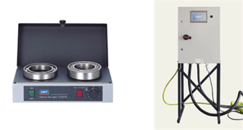 Image shows a hot plate featuring two bearings on the left and a heat cabinet on the right 