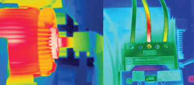 image shows the thermal scan of gear motor on the left and a thermal scan of a circuit board on the right