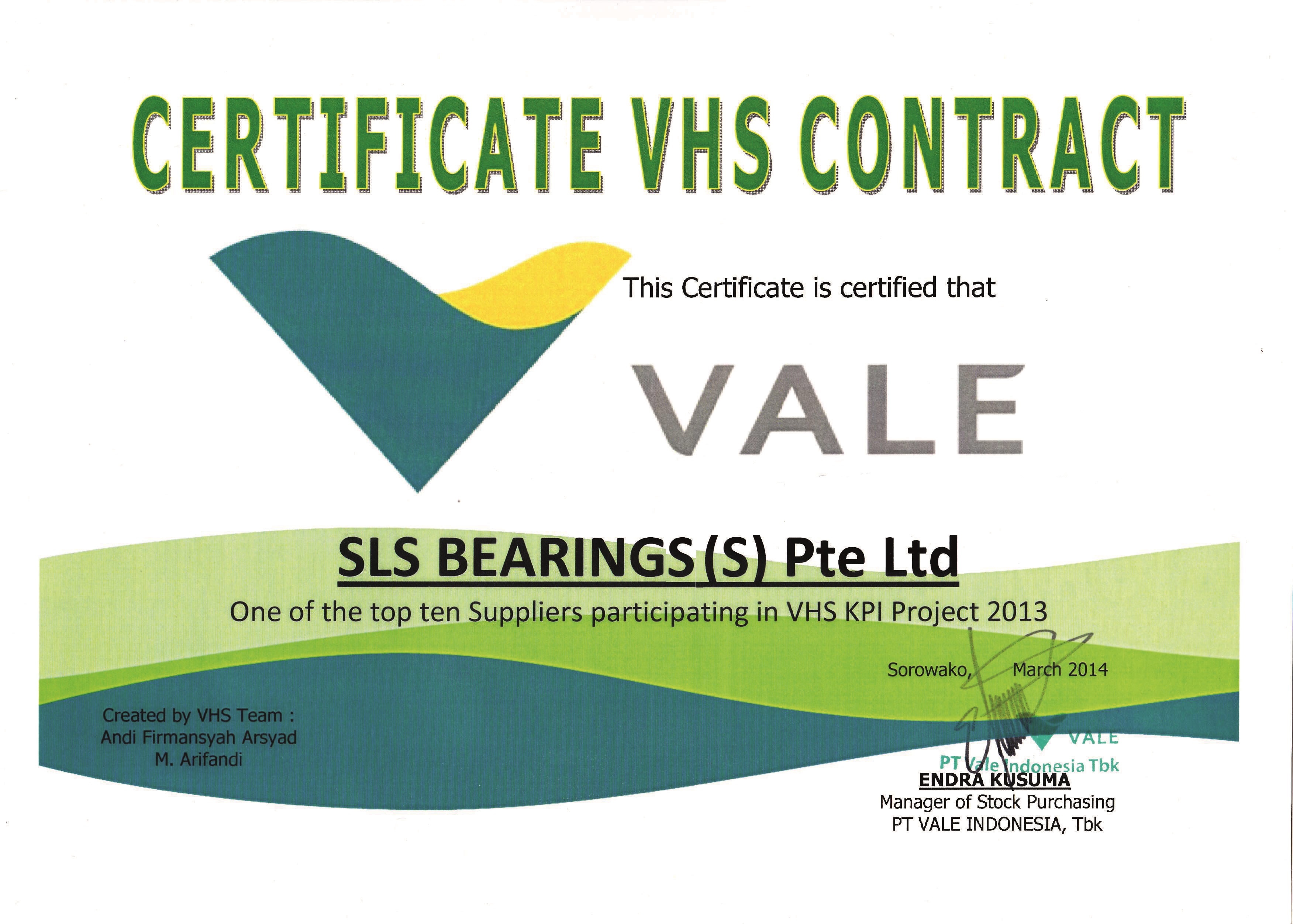 Image shows the VHS certificate awarded to SLS Bearings (S) Pte Ltd
